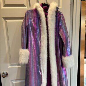 Purple Iridescent Long Coat with White Faux Fur